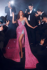 Elegante vestido de fiesta largo de sirena con tirantes finos, lentejuelas, sin mangas y abertura